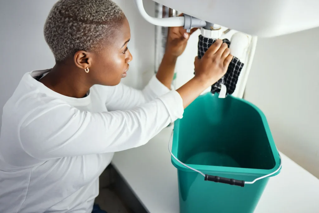 A woman uses a cloth and a bucket to stop a leak on a pipe.