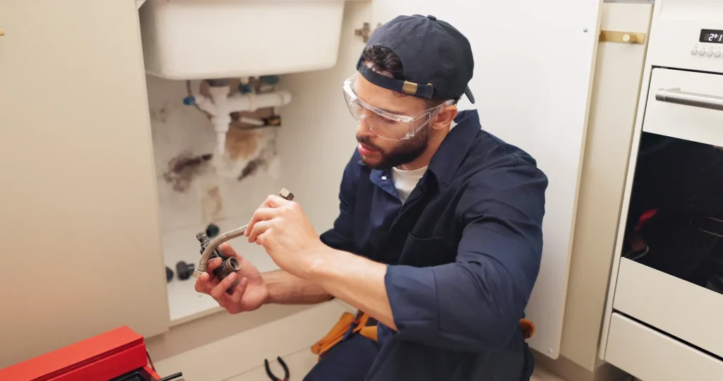 Plumber inspecting a kitchen pipe after cleaning it.