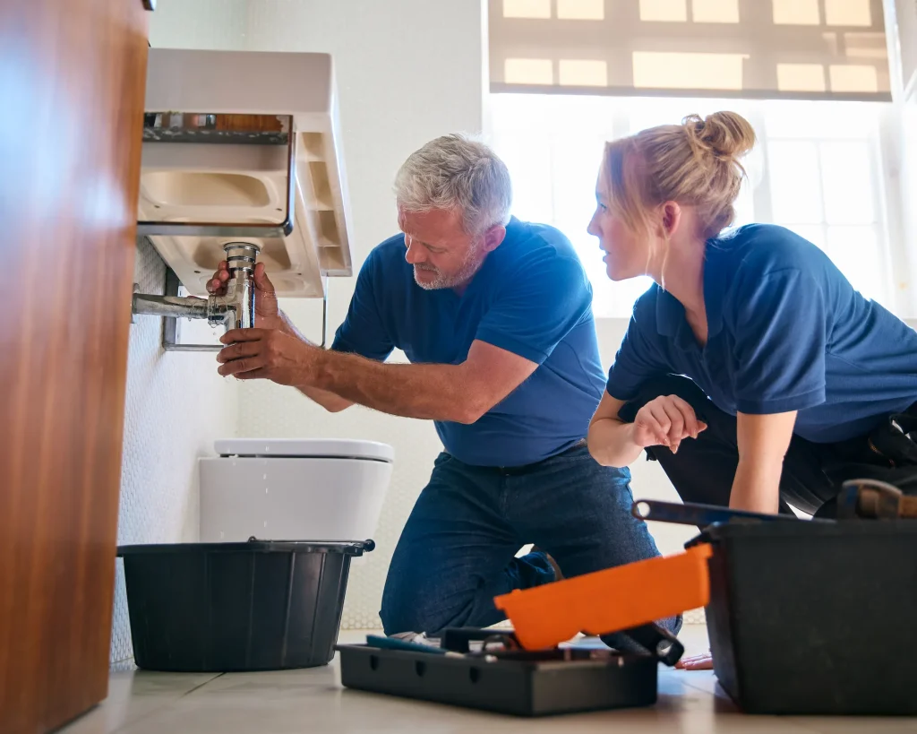 Two plumbers work together on a water leak on a pipe under a sink.