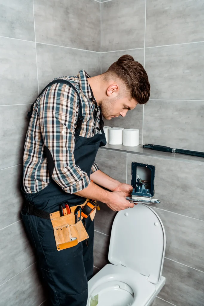 Plumber adjusting the metallic flush button panel during a toilet installation.