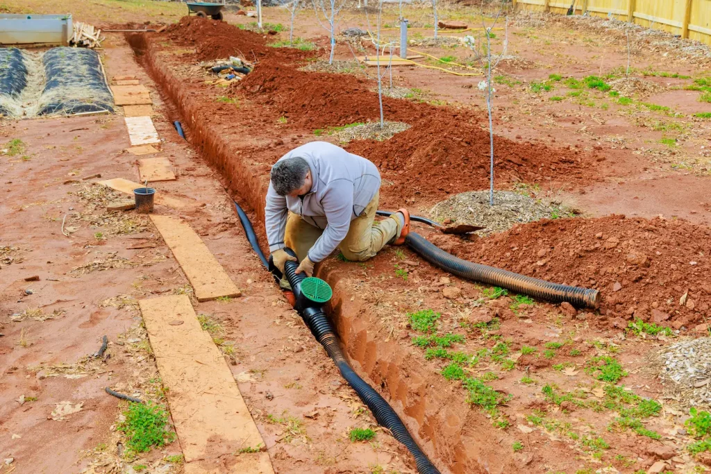 A plumber installing a sewer line.