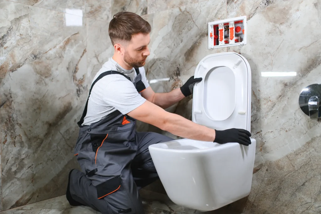 Plumber installing a modern toilet in a restroom.