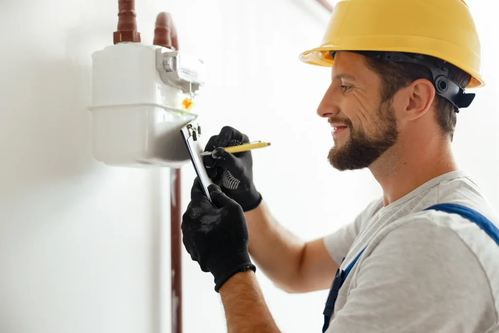A plumber inspects a gas meter.
