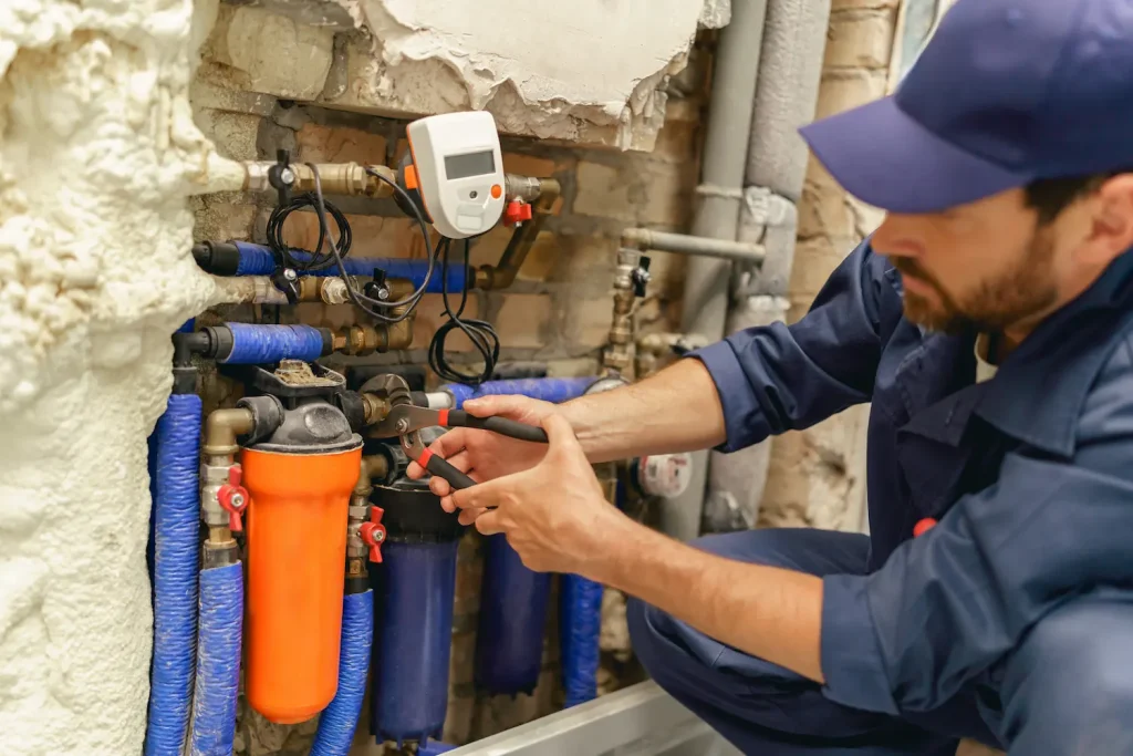 A plumber repairing a water heater.
