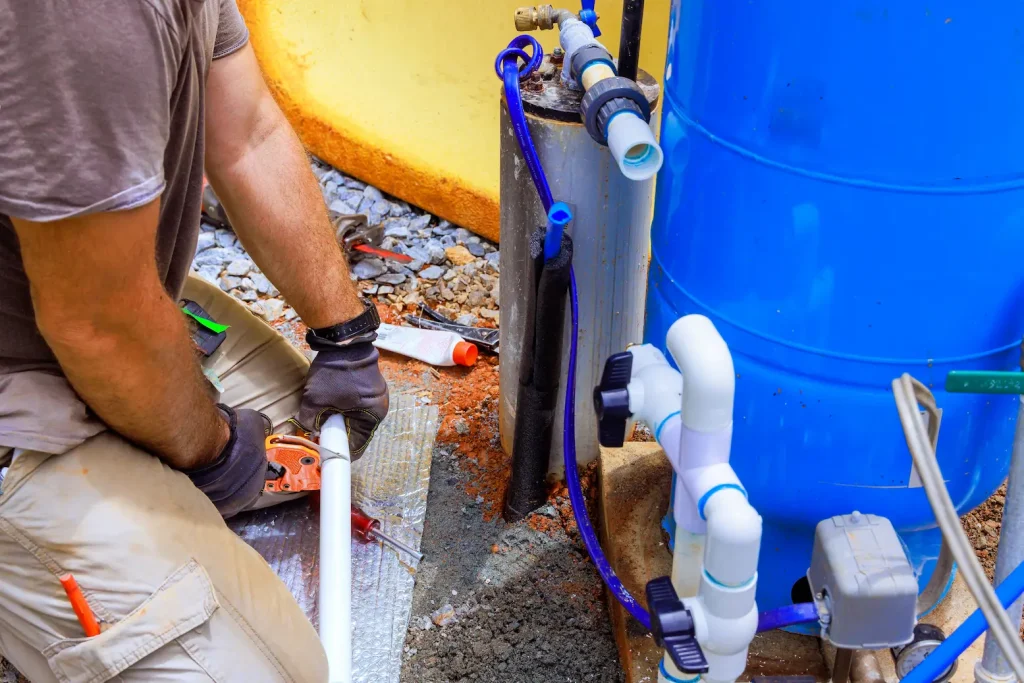 A plumber repairing a well pump.