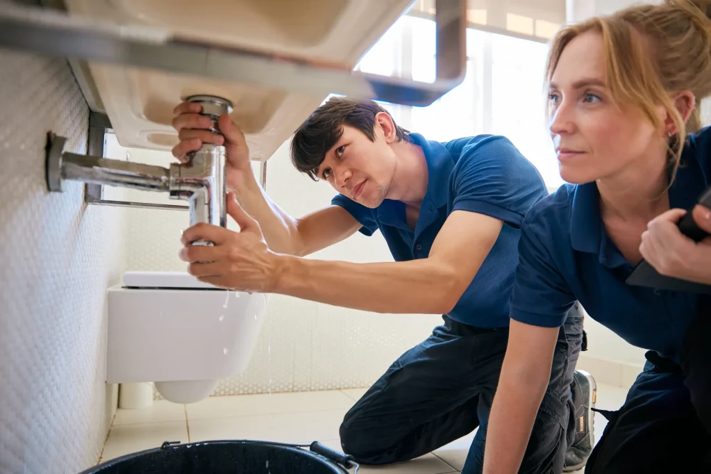 Two plumbers, a man and a woman, work together to fix a leaky bathroom sink.