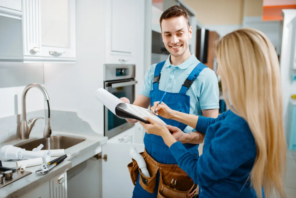 A smiling plumber in overalls reviews a service quote with a blonde woman in a kitchen.