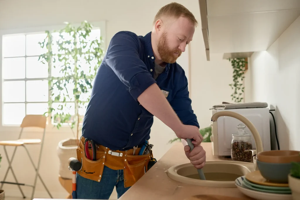 A plumber using a tool to clear a clogged kitchen sink.