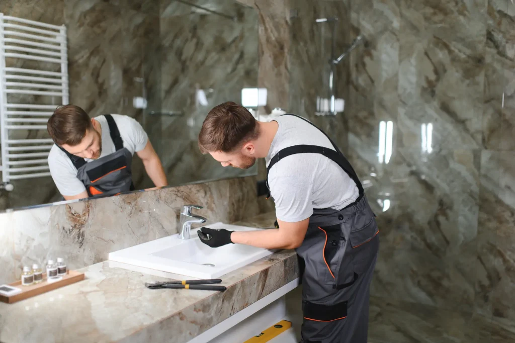 A plumber in gray overalls works on a bathroom sink.