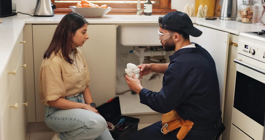 A plumber wearing safety glasses and a tool belt shows pipe fittings to a homeowner in a kitchen.