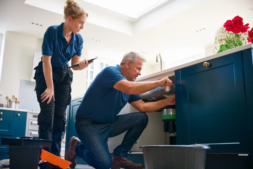 A male plumber works under a kitchen sink while a female plumber holds a tablet nearby.