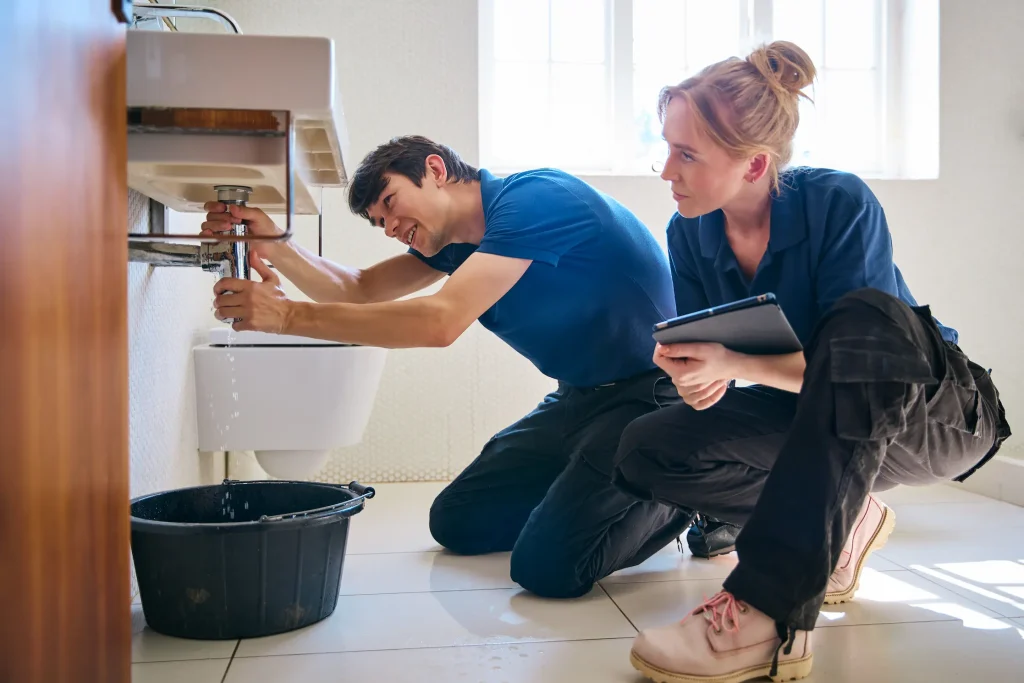 Two plumbers, a man fixing a leaky sink and a woman with a tablet, work together in a bathroom.