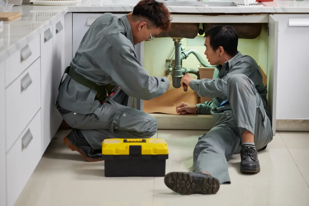 Two plumbers in gray uniforms work together under a kitchen sink.