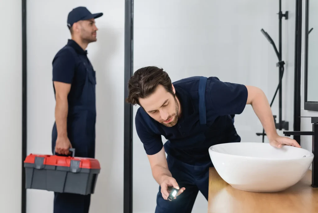 Two plumbers in dark blue uniforms work in a modern bathroom.