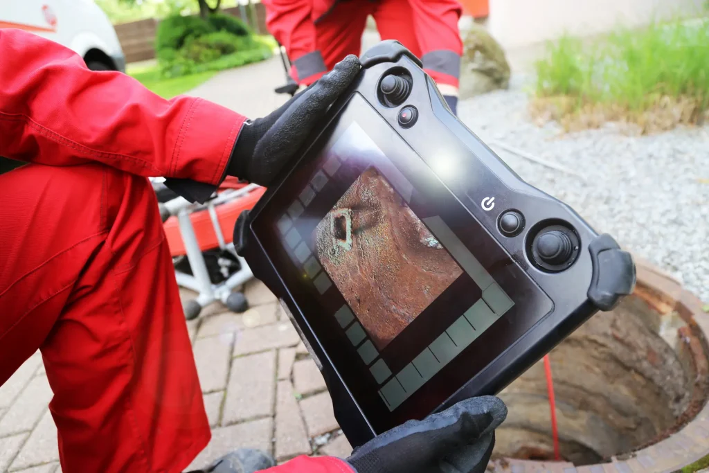 Plumber in red overalls inspecting the inside of a pipe through a sewer camera screen.